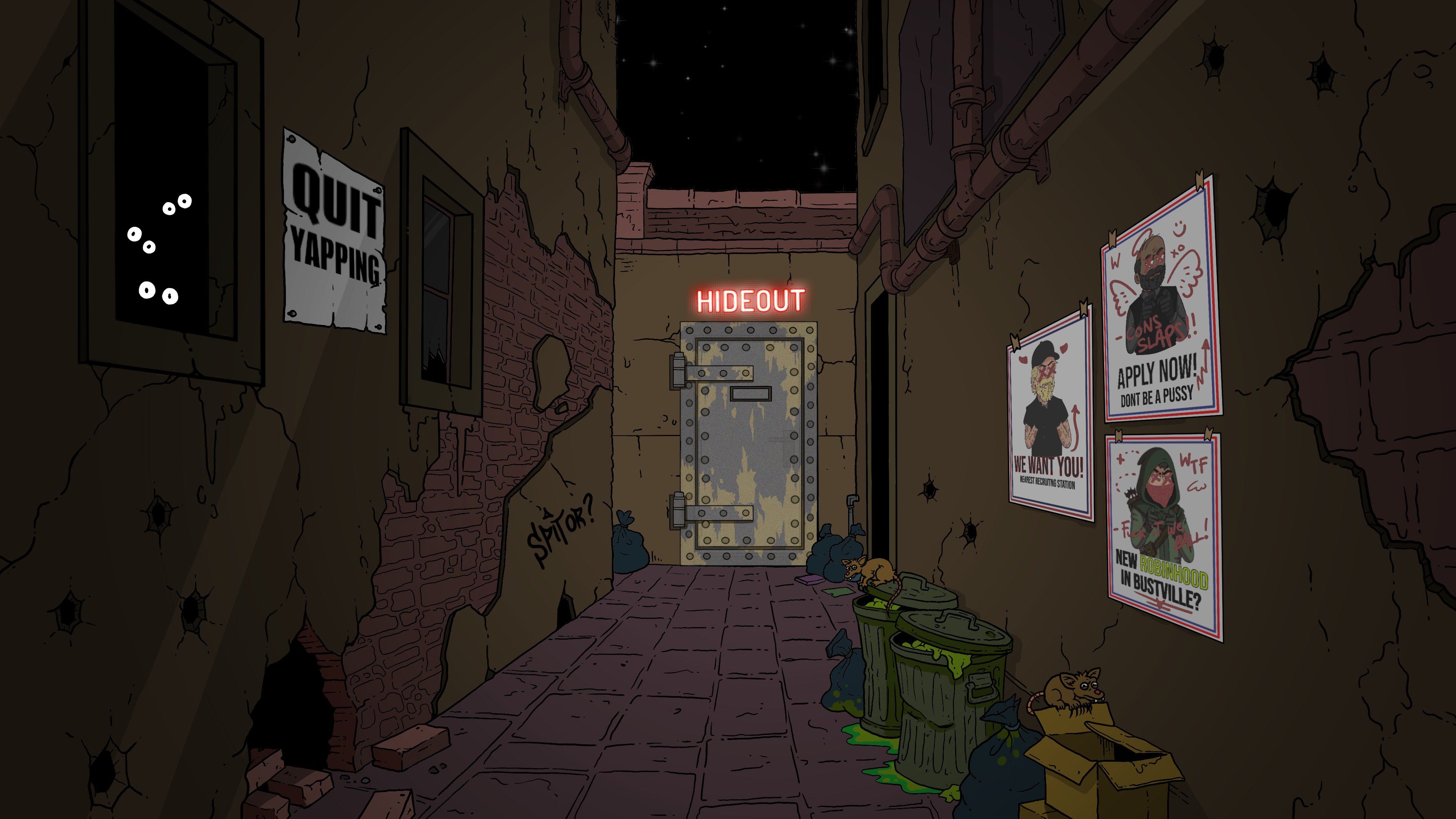 A dark back alley with the HIDEOUT vault door at the end